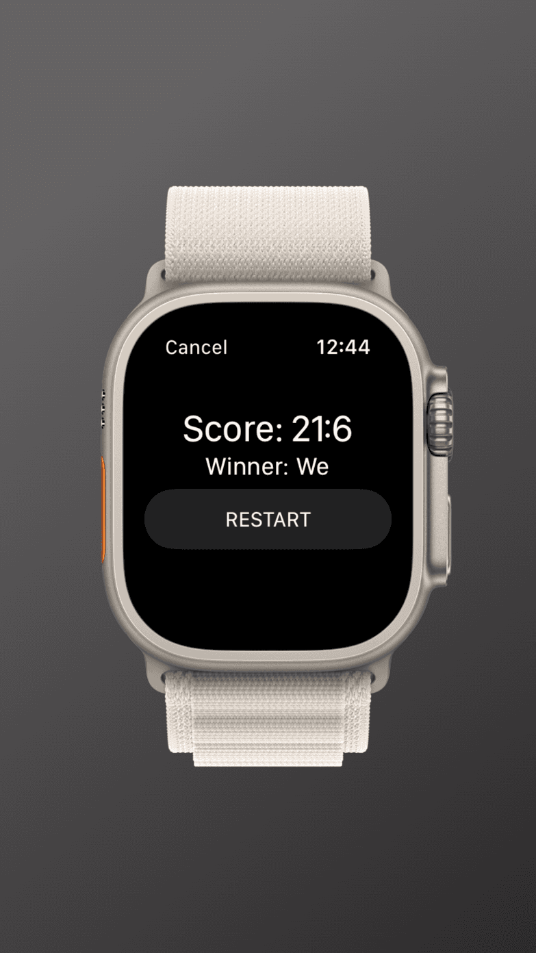 Badminton Recorder on Apple Watch, showing a 21–6 win.