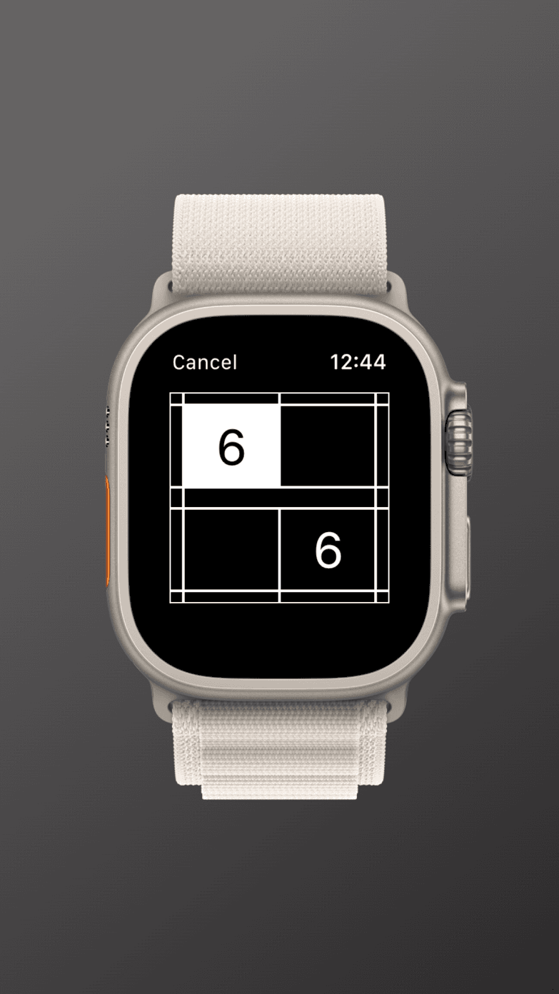 Badminton Recorder on Apple Watch, showing a court and a six-all score.