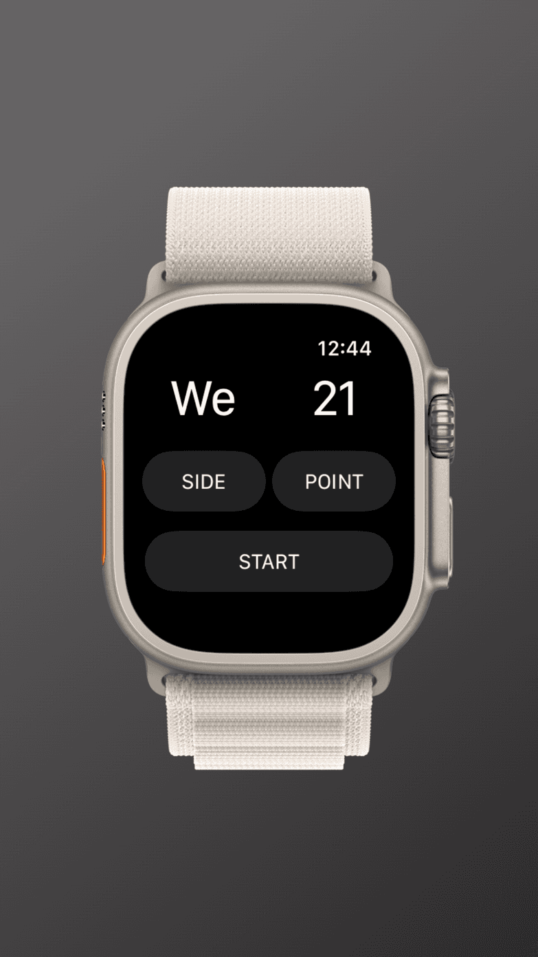 Badminton Recorder on Apple Watch, with side and winning-point controls.